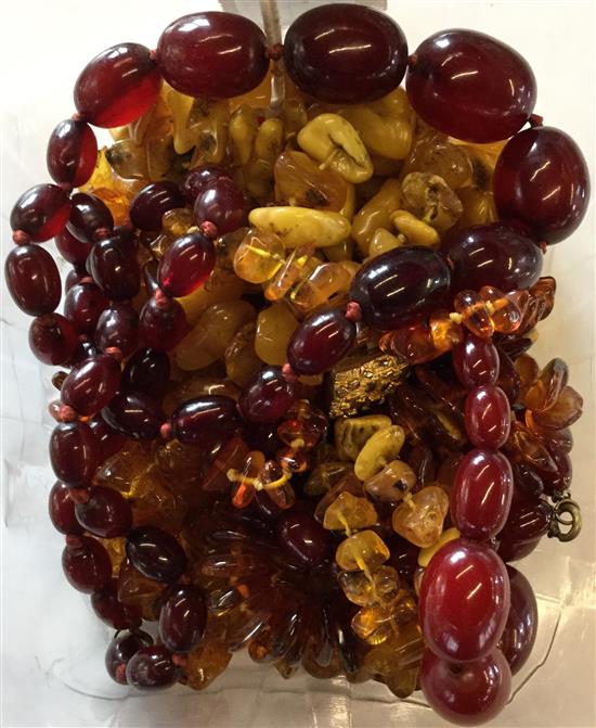 Cherry bakelite beads and 2 amber necklaces